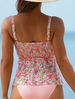 Women's Swimwear 2 Piece Cheeky Swimsuit Backless Tummy Control High Waist Slim Vacation Beach Wear Floral U Neck Sleeveless Bathing Suits