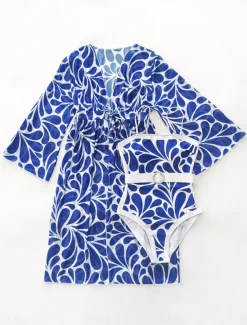 Women's Swimwear 2 Piece Monokini Swimsuit Backless Tummy Control High Waist Slim Vacation Beach Wear Floral Scoop Neck Sleeveless Long Sleeve Bathing Suits