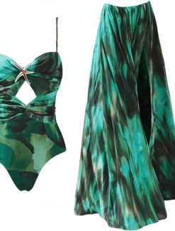 Women's Swimwear 2 Piece Monokini Skirt Swimsuit Backless Tummy Control High Waist Slim Vacation Beach Wear Ombre V Neck Sleeveless Bathing Suits