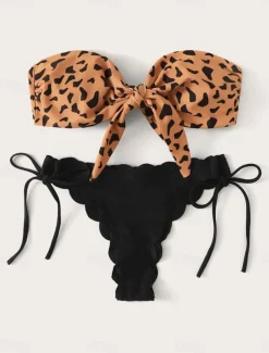 Women's Swimwear Bikini 2 Piece Thong Swimsuit Backless Slim Vacation Beach Wear Leopard Strapless Sleeveless Bathing Suits