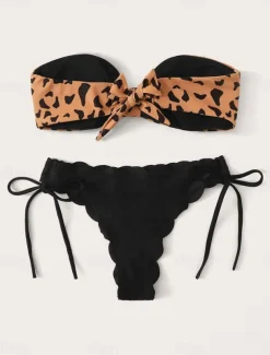 Women's Swimwear Bikini 2 Piece Thong Swimsuit Backless Slim Vacation Beach Wear Leopard Strapless Sleeveless Bathing Suits