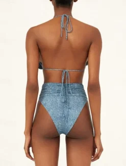 Women's Swimwear Bikini 2 Piece Skirt Swimsuit Backless Slim Vacation Beach Wear Solid Color V Neck Sleeveless Bathing Suits