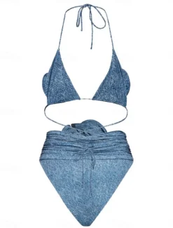 Women's Swimwear Bikini 2 Piece Skirt Swimsuit Backless Slim Vacation Beach Wear Solid Color V Neck Sleeveless Bathing Suits