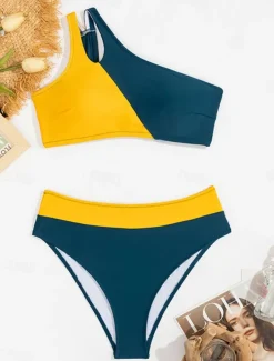 Women's Swimwear Bikini 2 Piece Cheeky Swimsuit Backless Slim Vacation Beach Wear Color Block Asymmetric Neck Sleeveless Bathing Suits