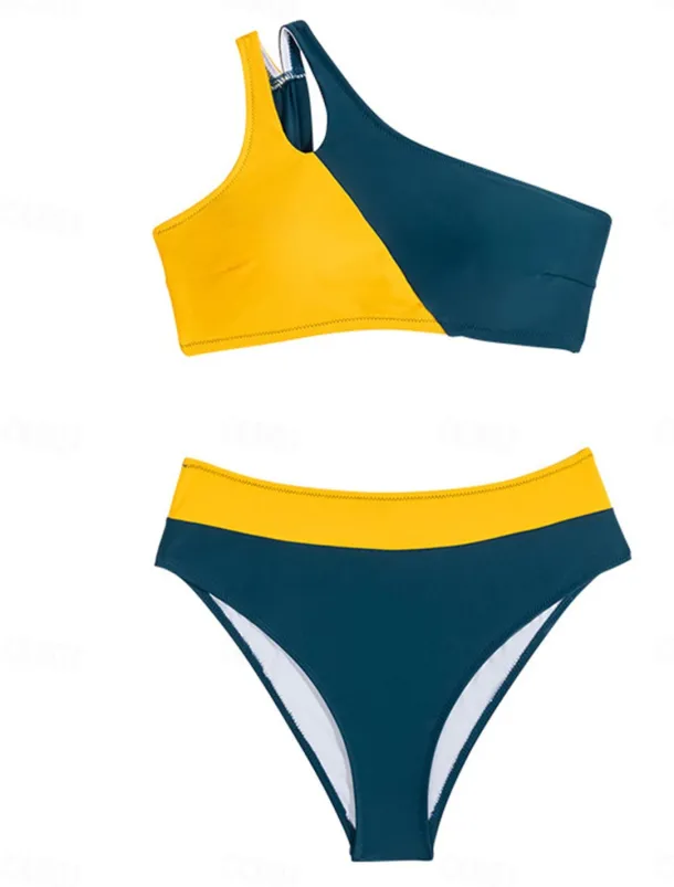 Women's Swimwear Bikini 2 Piece Cheeky Swimsuit Backless Slim Vacation Beach Wear Color Block Asymmetric Neck Sleeveless Bathing Suits