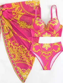 Women's Swimwear Bikini 2 Piece Skirt Swimsuit Backless Slim Vacation Beach Wear Floral Halter Neck Sleeveless Bathing Suits