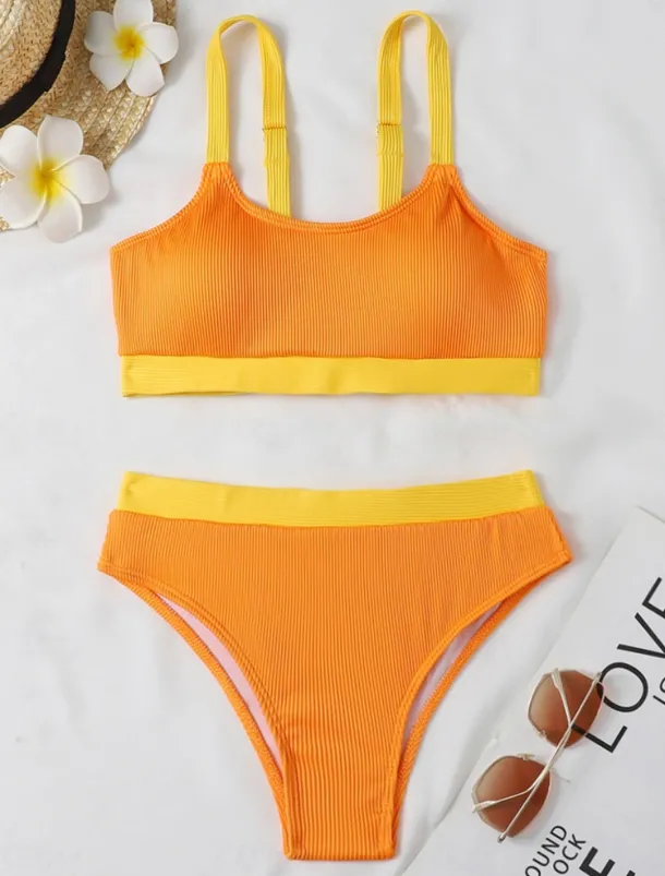Women's Swimwear Bikini 2 Piece Cheeky Swimsuit Backless Slim Vacation Beach Wear Solid Color U Neck Sleeveless Bathing Suits