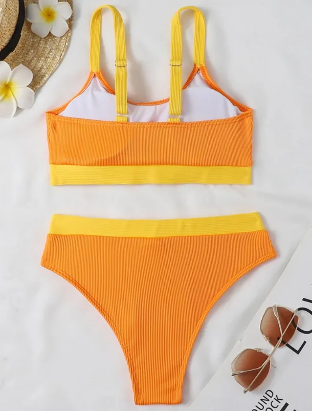 Women's Swimwear Bikini 2 Piece Cheeky Swimsuit Backless Slim Vacation Beach Wear Solid Color U Neck Sleeveless Bathing Suits
