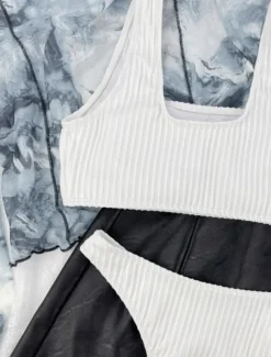 Women's Swimwear Bikini 2 Piece Thong Swimsuit Backless Slim Vacation Beach Wear Solid Color U Neck Sleeveless Bathing Suits