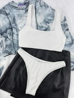 Women's Swimwear Bikini 2 Piece Thong Swimsuit Backless Slim Vacation Beach Wear Solid Color U Neck Sleeveless Bathing Suits