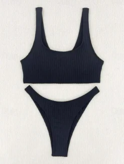 Women's Swimwear Bikini 2 Piece Thong Swimsuit Backless Slim Vacation Beach Wear Solid Color U Neck Sleeveless Bathing Suits