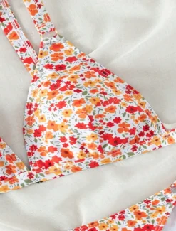 Women's Swimwear Bikini 2 Piece Cheeky Swimsuit Backless Slim Vacation Beach Wear Floral V Neck Sleeveless Bathing Suits