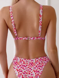 Women's Swimwear Bikini 2 Piece Cheeky Swimsuit Backless Slim Vacation Beach Wear Floral V Neck Sleeveless Bathing Suits