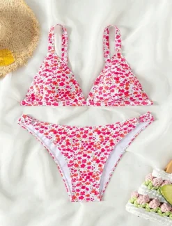 Women's Swimwear Bikini 2 Piece Cheeky Swimsuit Backless Slim Vacation Beach Wear Floral V Neck Sleeveless Bathing Suits