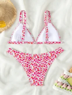 Women's Swimwear Bikini 2 Piece Cheeky Swimsuit Backless Slim Vacation Beach Wear Floral V Neck Sleeveless Bathing Suits