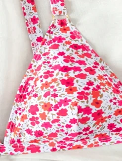 Women's Swimwear Bikini 2 Piece Cheeky Swimsuit Backless Slim Vacation Beach Wear Floral V Neck Sleeveless Bathing Suits