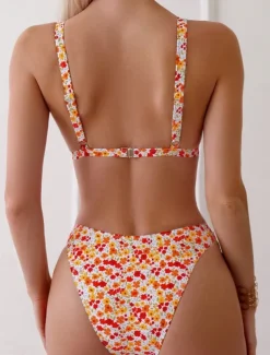 Women's Swimwear Bikini 2 Piece Cheeky Swimsuit Backless Slim Vacation Beach Wear Floral V Neck Sleeveless Bathing Suits
