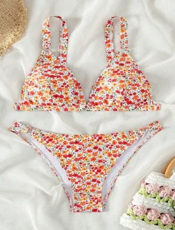 Women's Swimwear Bikini 2 Piece Cheeky Swimsuit Backless Slim Vacation Beach Wear Floral V Neck Sleeveless Bathing Suits