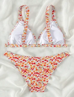 Women's Swimwear Bikini 2 Piece Cheeky Swimsuit Backless Slim Vacation Beach Wear Floral V Neck Sleeveless Bathing Suits