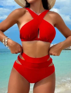 Women's Swimwear Bikini 2 Piece Briefs Swimsuit Backless Slim Vacation Beach Wear Solid Color Halter Neck Sleeveless Bathing Suits