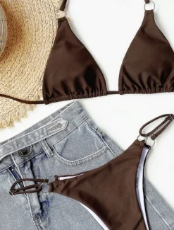 Women's Swimwear Bikini 2 Piece Cheeky Swimsuit Backless Slim Vacation Beach Wear Solid Color Halter Neck Sleeveless Bathing Suits