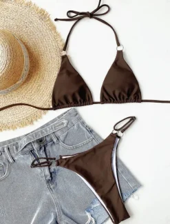 Women's Swimwear Bikini 2 Piece Cheeky Swimsuit Backless Slim Vacation Beach Wear Solid Color Halter Neck Sleeveless Bathing Suits