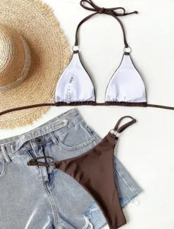 Women's Swimwear Bikini 2 Piece Cheeky Swimsuit Backless Slim Vacation Beach Wear Solid Color Halter Neck Sleeveless Bathing Suits