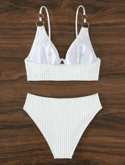 Women's Swimwear Bikini 2 Piece Cheeky Swimsuit Backless Slim Vacation Beach Wear Solid Color V Neck Sleeveless Bathing Suits