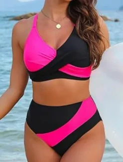 Women's Swimwear Bikini 2 Piece Briefs Swimsuit Backless Slim Vacation Beach Wear Stripe V Neck Sleeveless Bathing Suits