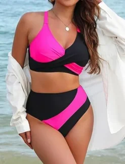 Women's Swimwear Bikini 2 Piece Briefs Swimsuit Backless Slim Vacation Beach Wear Stripe V Neck Sleeveless Bathing Suits