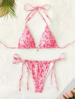 Women's Swimwear Bikini 2 Piece Thong Swimsuit Backless Slim Vacation Beach Wear Floral V Neck Sleeveless Bathing Suits