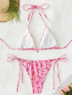 Women's Swimwear Bikini 2 Piece Thong Swimsuit Backless Slim Vacation Beach Wear Floral V Neck Sleeveless Bathing Suits