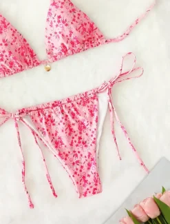 Women's Swimwear Bikini 2 Piece Thong Swimsuit Backless Slim Vacation Beach Wear Floral V Neck Sleeveless Bathing Suits