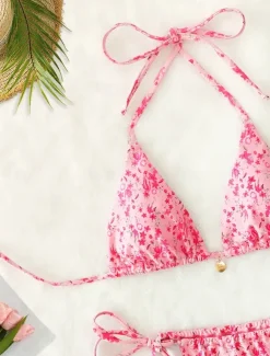 Women's Swimwear Bikini 2 Piece Thong Swimsuit Backless Slim Vacation Beach Wear Floral V Neck Sleeveless Bathing Suits