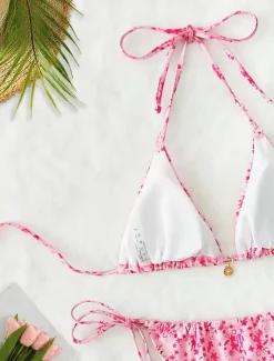 Women's Swimwear Bikini 2 Piece Thong Swimsuit Backless Slim Vacation Beach Wear Floral V Neck Sleeveless Bathing Suits