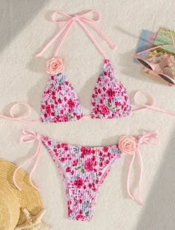 Women's Swimwear Bikini 2 Piece Thong Swimsuit Backless Slim Vacation Beach Wear Floral Halter Neck Sleeveless Bathing Suits