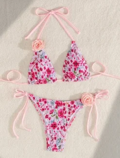 Women's Swimwear Bikini 2 Piece Thong Swimsuit Backless Slim Vacation Beach Wear Floral Halter Neck Sleeveless Bathing Suits