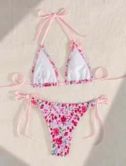 Women's Swimwear Bikini 2 Piece Thong Swimsuit Backless Slim Vacation Beach Wear Floral Halter Neck Sleeveless Bathing Suits