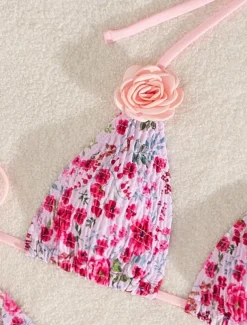 Women's Swimwear Bikini 2 Piece Thong Swimsuit Backless Slim Vacation Beach Wear Floral Halter Neck Sleeveless Bathing Suits