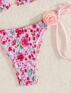 Women's Swimwear Bikini 2 Piece Thong Swimsuit Backless Slim Vacation Beach Wear Floral Halter Neck Sleeveless Bathing Suits