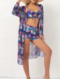 Women's Swimwear Bikini 2 Piece Shorts Swimsuit Backless Slim Vacation Beach Wear Leaves V Neck Sleeveless Long Sleeve Bathing Suits