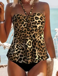 Women's Swimwear Bikini 2 Piece Cheeky Swimsuit Backless Slim Vacation Beach Wear Leopard Halter Neck Sleeveless Bathing Suits