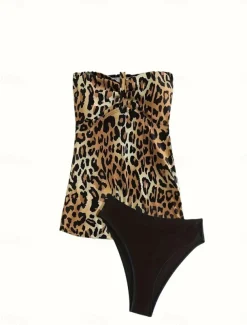 Women's Swimwear Bikini 2 Piece Cheeky Swimsuit Backless Slim Vacation Beach Wear Leopard Halter Neck Sleeveless Bathing Suits