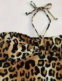 Women's Swimwear Bikini 2 Piece Cheeky Swimsuit Backless Slim Vacation Beach Wear Leopard Halter Neck Sleeveless Bathing Suits