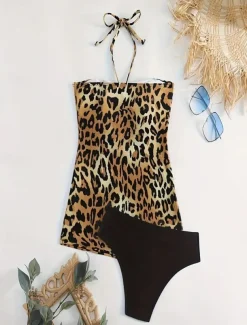 Women's Swimwear Bikini 2 Piece Cheeky Swimsuit Backless Slim Vacation Beach Wear Leopard Halter Neck Sleeveless Bathing Suits