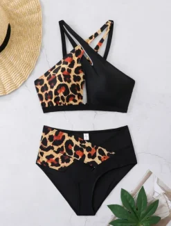 Women's Swimwear Bikini 2 Piece Briefs Swimsuit Backless Cut Out Slim High Waisted Vacation Beach Wear Leopard V Neck Sleeveless Bathing Suits