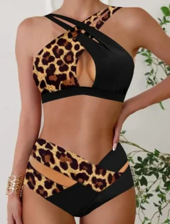 Women's Swimwear Bikini 2 Piece Briefs Swimsuit Backless Cut Out Slim High Waisted Vacation Beach Wear Leopard V Neck Sleeveless Bathing Suits