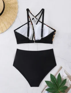 Women's Swimwear Bikini 2 Piece Briefs Swimsuit Backless Cut Out Slim High Waisted Vacation Beach Wear Leopard V Neck Sleeveless Bathing Suits