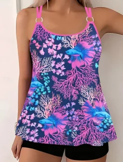 Women's Swimwear Bikini 2 Piece Boy Leg Swimsuit Backless Slim Vacation Beach Wear Graphic U Neck Sleeveless Bathing Suits