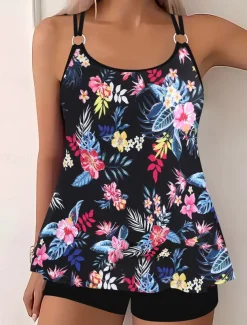 Women's Swimwear Bikini 2 Piece Boy Leg Swimsuit Backless Slim Vacation Beach Wear Graphic U Neck Sleeveless Bathing Suits